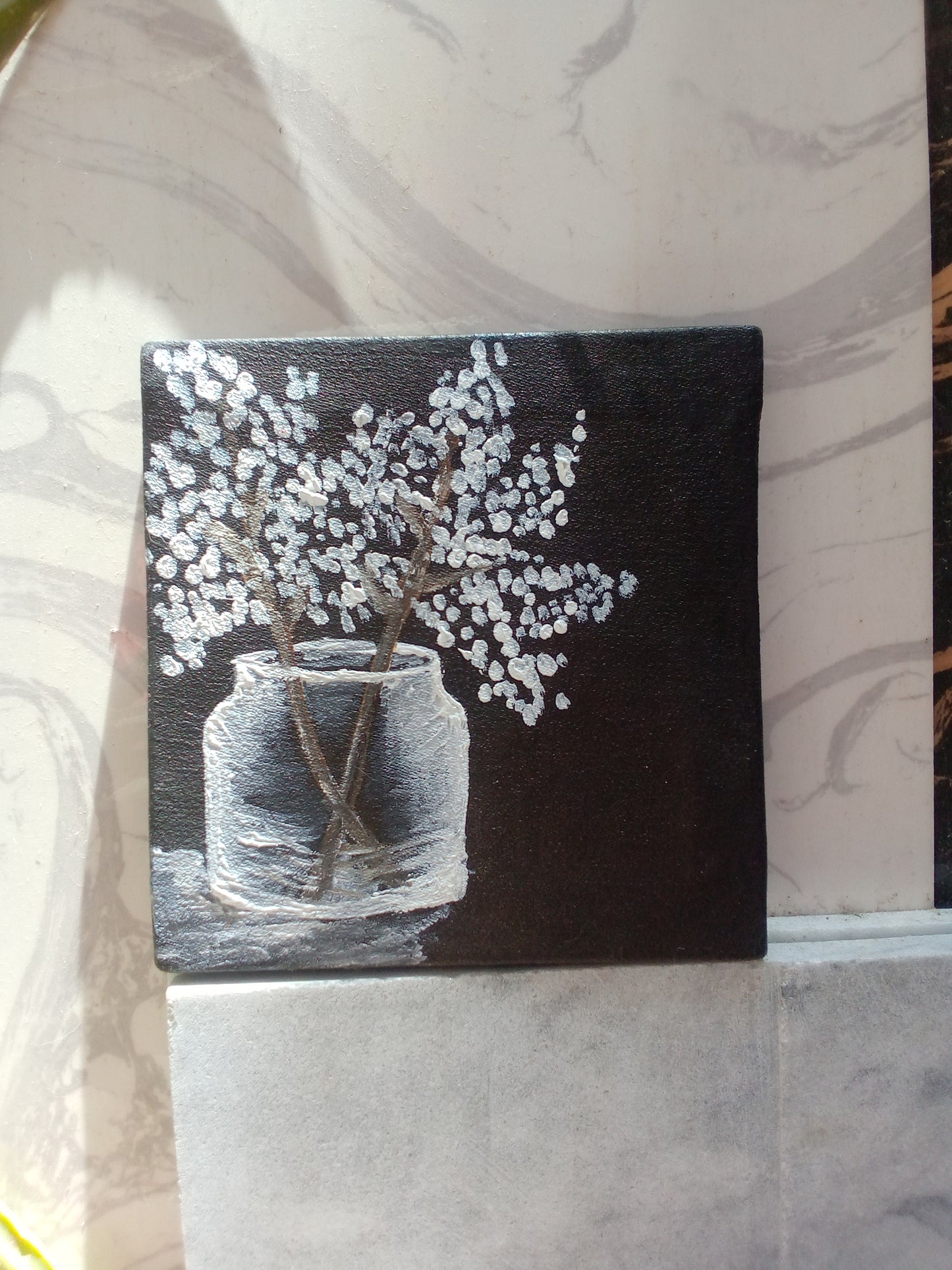 Hand-Painted Minimalist Wall Art – Flower Vase on Black Canvas