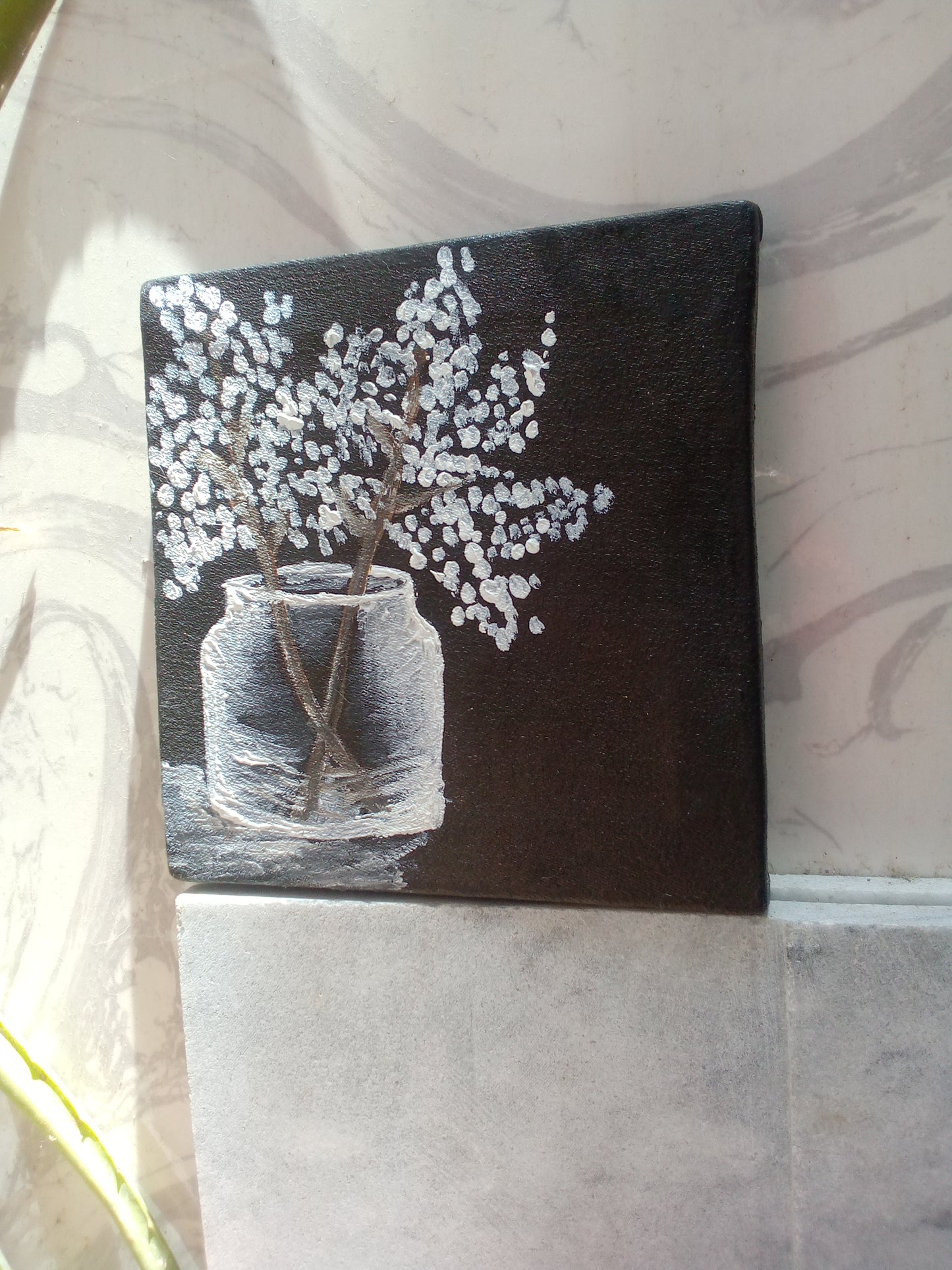 Hand-Painted Minimalist Wall Art – Flower Vase on Black Canvas