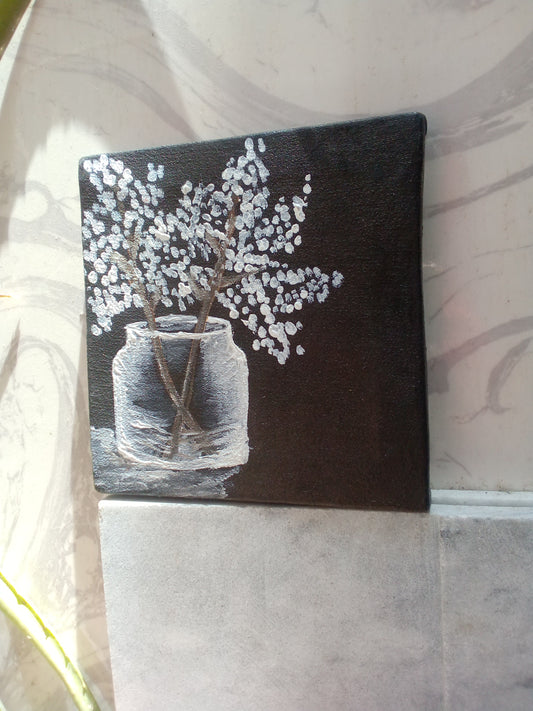 Hand-Painted Minimalist Wall Art – Flower Vase on Black Canvas