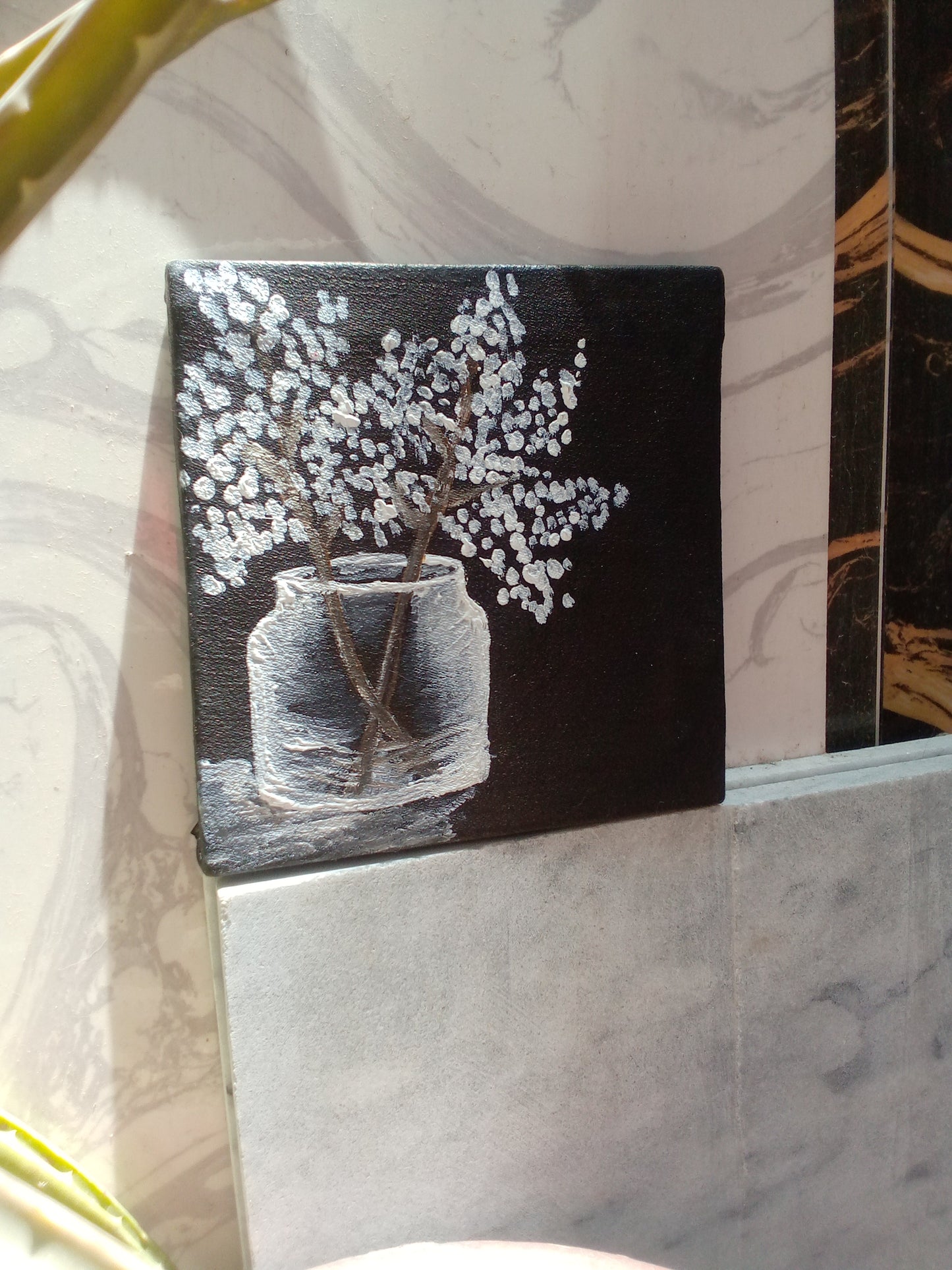 Hand-Painted Minimalist Wall Art – Flower Vase on Black Canvas