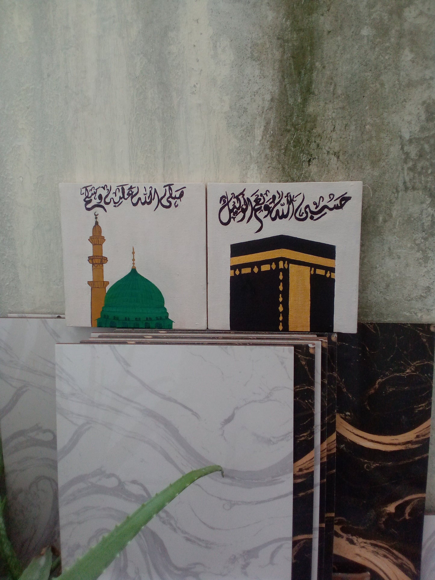 Beautiful Islamic Wall Art – Kaaba & Masjid Nabawi Painting (Set of 2)