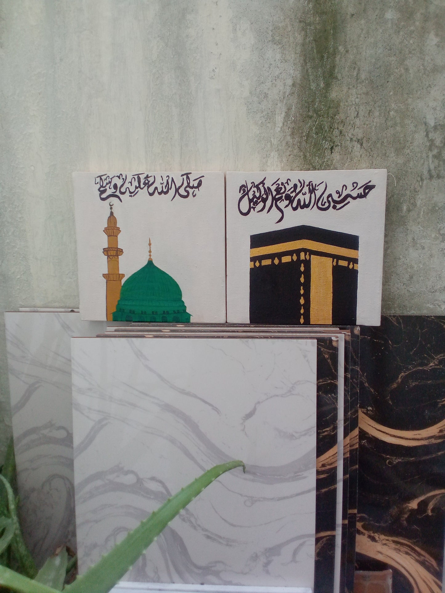 Beautiful Islamic Wall Art – Kaaba & Masjid Nabawi Painting (Set of 2)