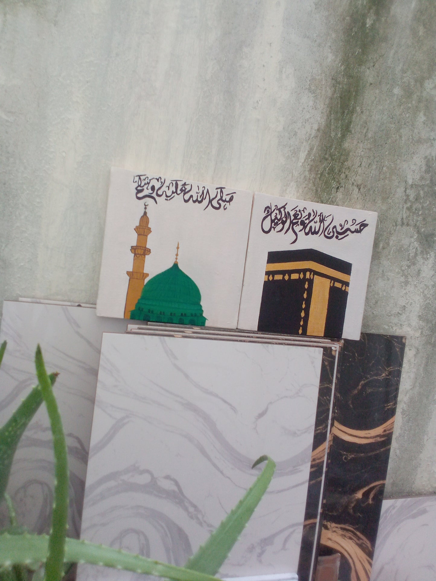 Beautiful Islamic Wall Art – Kaaba & Masjid Nabawi Painting (Set of 2)