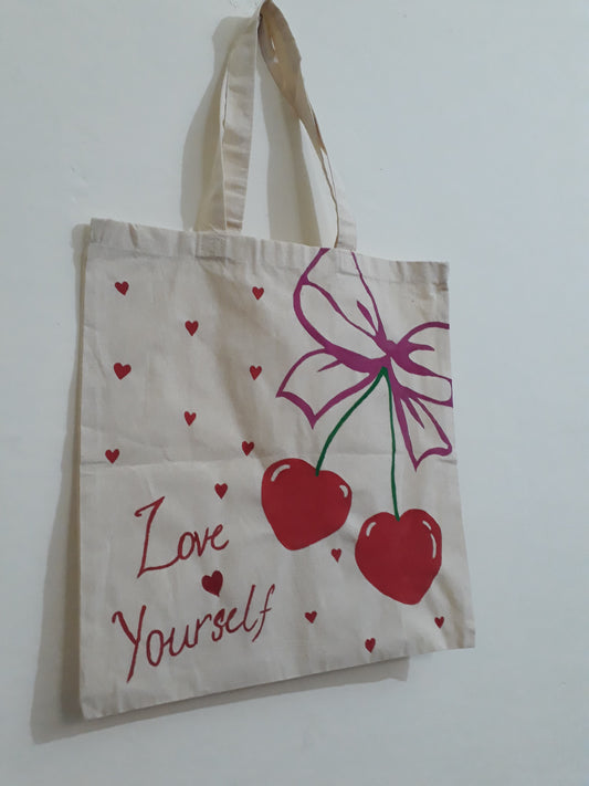 "Hand-Painted Love Yourself Tote Bag | Eco-Friendly & Customizable Canvas Bag"
